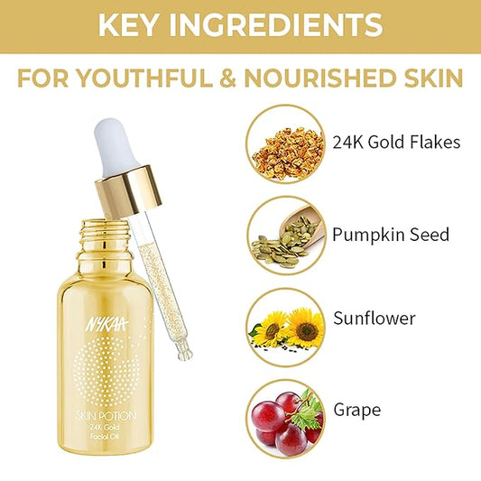 Nykaa Naturals Skin Potion Facial Oil, 24K Gold, 1.01 oz - Boosts Collagen - Hydrating Face Oil for Dry Skin - Fragrance-Free - All Skin Types