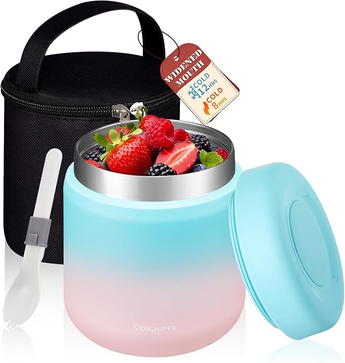 17 OZ Thermo Food Jar w/Bag Carrier - Wide Mouth Leakproof Adults Lunch Thermal Insulated Container Bento Box for Hot 8H/Cold 12H Food Fruits Veg Soup