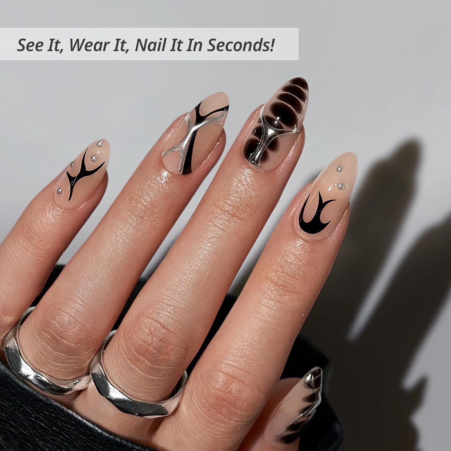 BTArtbox Press On Nails Almond - 3D Design Black Medium Press On Nails with Glue for Women, Opaque Soft Gel Glue On Nails in 15 Sizes - 30 Stick On Nails Kit, Gothic Chains