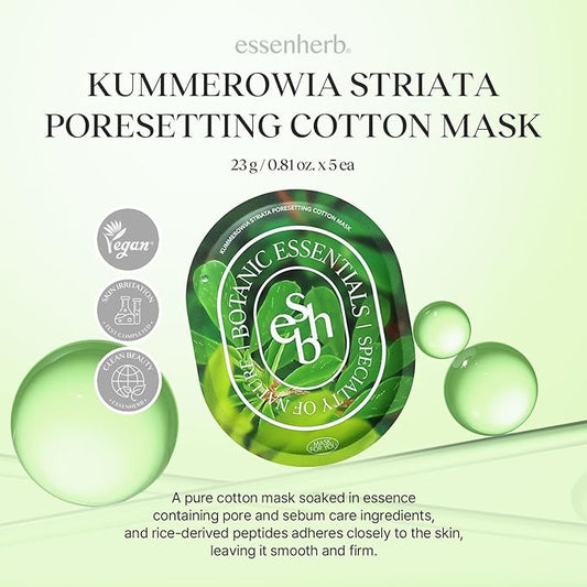 Kummerowia Striata Poresetting Cotton Mask, Pore & Sebum, Vegan, Korean Skin Care Face Mask 23g*5 sheets