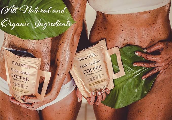 Deluge Coffee Scrub for Cellulite and Stretch Marks, Body Exfoliant and Hydrating Cellulite Treatment with Shea Butter, Coconut Oil and Dead Sea Salt Firms, Tones and Moisturizes Skin (10 oz)