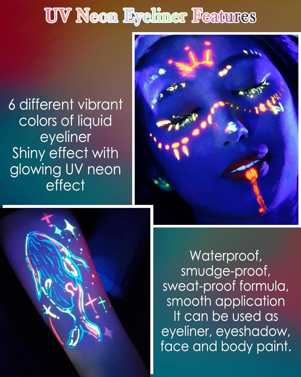 Glitter UV Neon Eyeliner Pencil, Waterproof Smudge-Proof Yellow Eye Liner Liquid Pen, High-Pigment Shimmer Eyeliner Pen Long-Lasting Colorful Professional Makeup,Halloween Rave Party Gift for Women-01