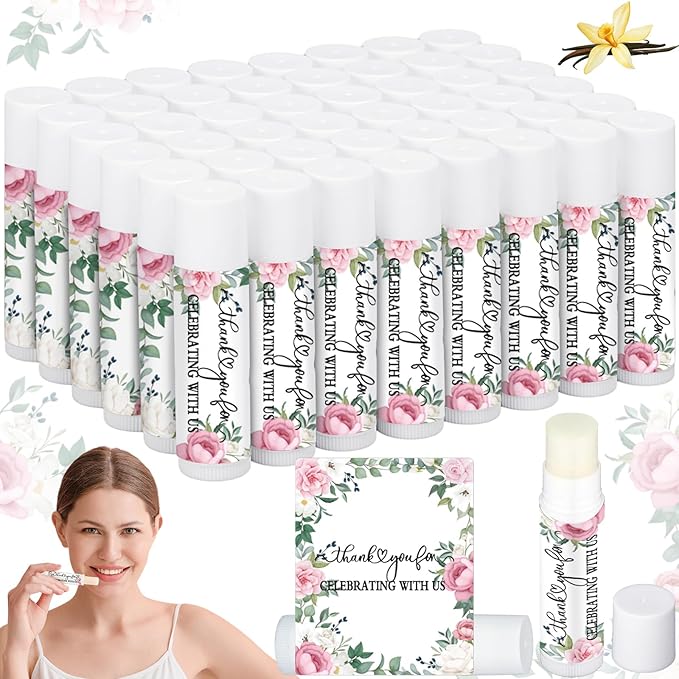 50 Pcs Pink Flowers Wedding Bridal Shower Gifts Bulk Floral Lip Balm Baby Shower Party Favors Thank You Appreciation Gifts for Women Tea Bachelorette Party