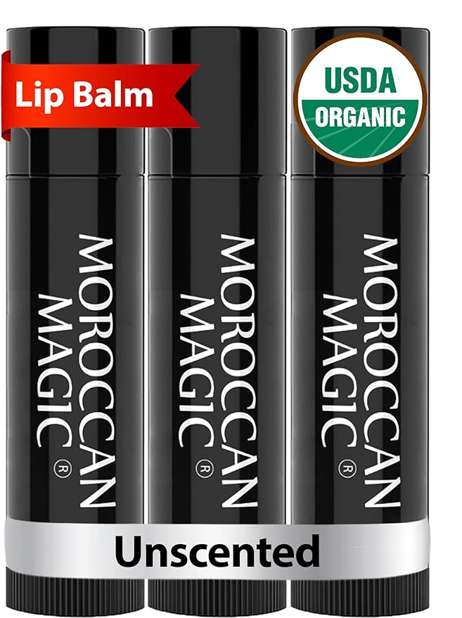 Organic Moroccan Magic Lip Balm 3 Pack | Original Unscented Lip Balm Set | Chapsticks for Dry Lips | Made with Natural Argan, Essential Oils Lip Moisturizer and Vitamin E | Smooth Application