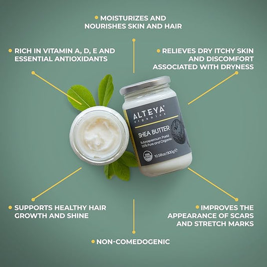 Alteya Organics Pure Shea Butter 10.58fl oz/300g Glass Jar- 100% USDA Certified Organic Pure Shea Butter (Butyrospermum Parkii)