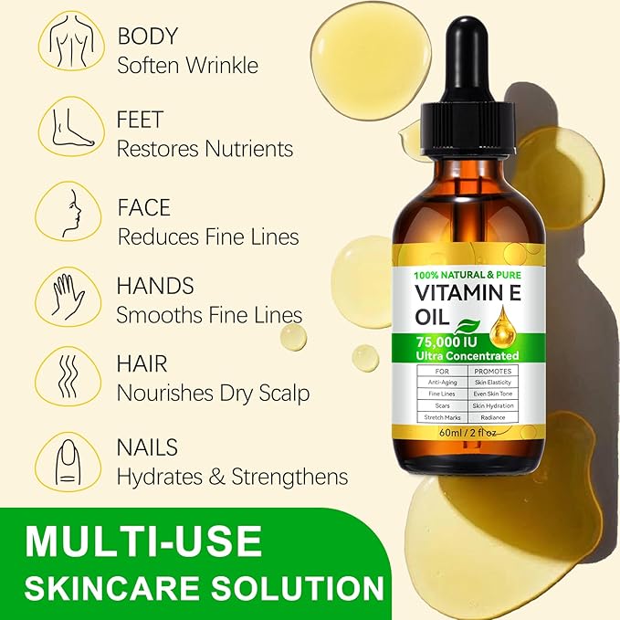 Pure Vitamin E Oil, 60ML Natural Organic Vitamin E Oil for Skin, Face and Scars, Body Massage Moisturizing Dry Skin, Nourish Hair and Scalp, 2 fl.oz