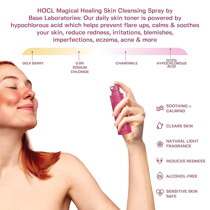 BASE LABORATORIES Hypochlorous Acid Spray for Face & Skin - Travel Size - Magic Facial Toner Spray & Cleaner - Skin Repair Solution helps reduce redness, acne - HOCL Molecule Spray 4oz (2 x 2oz) - 2PK