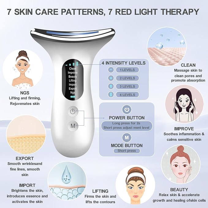 Face and Neck Massager Tool, Portable Facial Beauty Device, Facial Massager Wand with 7 Color Multifunction for Skin Care (Bright White)