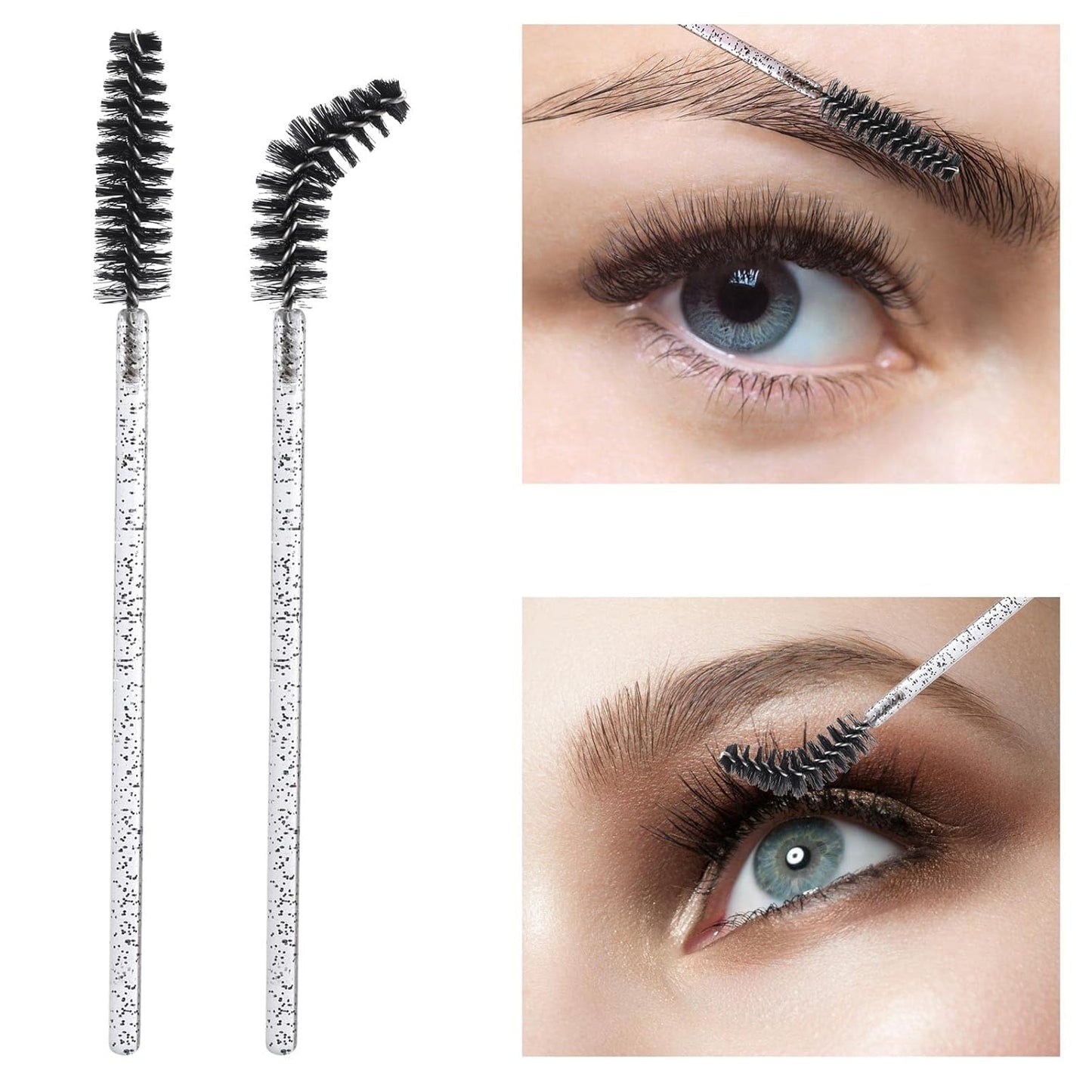 100 Pcs Disposable Mascara Wands, Crystal Eyebrow Spoolies Brush for Eyelash Extensions, Black Lash Brushes with Container