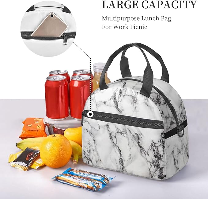 bassyil Marble Insulated Lunch Bag Reusable Lunch Box With Adjustable Shoulder Strap Cooler Tote Bag For Men Women