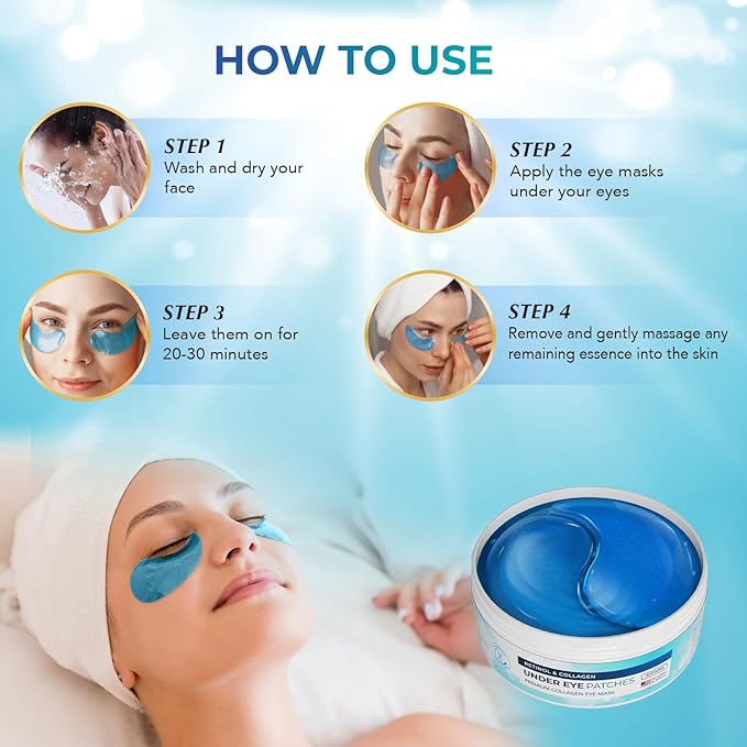 Under Eye Patches for Dark Circles: Under Eye Mask for Wrinkles - Eye Bags - Fine Lines - Puffy Eyes - Gel Mask - Amino Acid - Hydrolyzed Collagen - Anti Wrinkle Patches - Blue Eye Patches - 30 Pairs