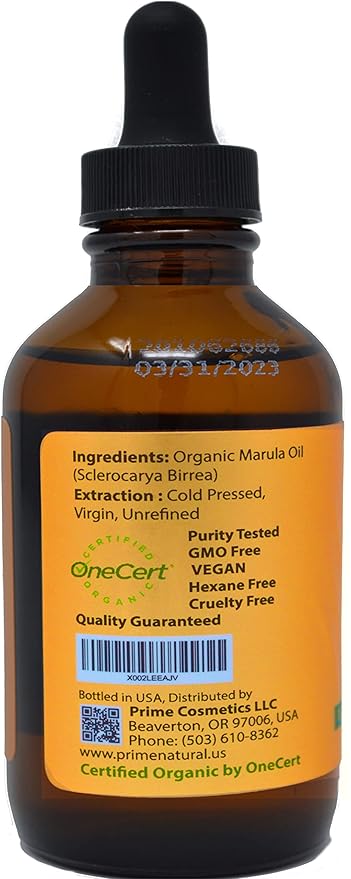 PRIME NATURAL Organic Marula Oil 4oz/120ml - USDA Certified - Cold Pressed, Unrefined, Virgin - 100% Pure, Natural, Vegan, Best for Face, Body, Hair, Nails, Skin Care