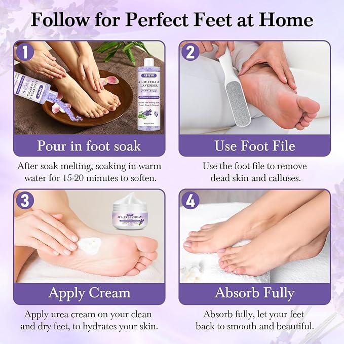 Foot Soak Set Callus Remover Pedicure Kit - Urea Cream 40%, Lavender Soak Salt with Epsom Salt & Foot File for Dead Skin, Foot Care Kit for Dry Cracked Heels at Home