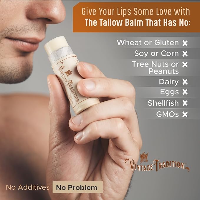 Vintage Tradition Moisturizing Beef Tallow Lip Balm – Tube Lip Moisturizer with Vanilla Extract Hydrates & Soothes Dry Lips – Grass-Fed Tallow Balm for Skin Care, 0.5 Fl. Oz.
