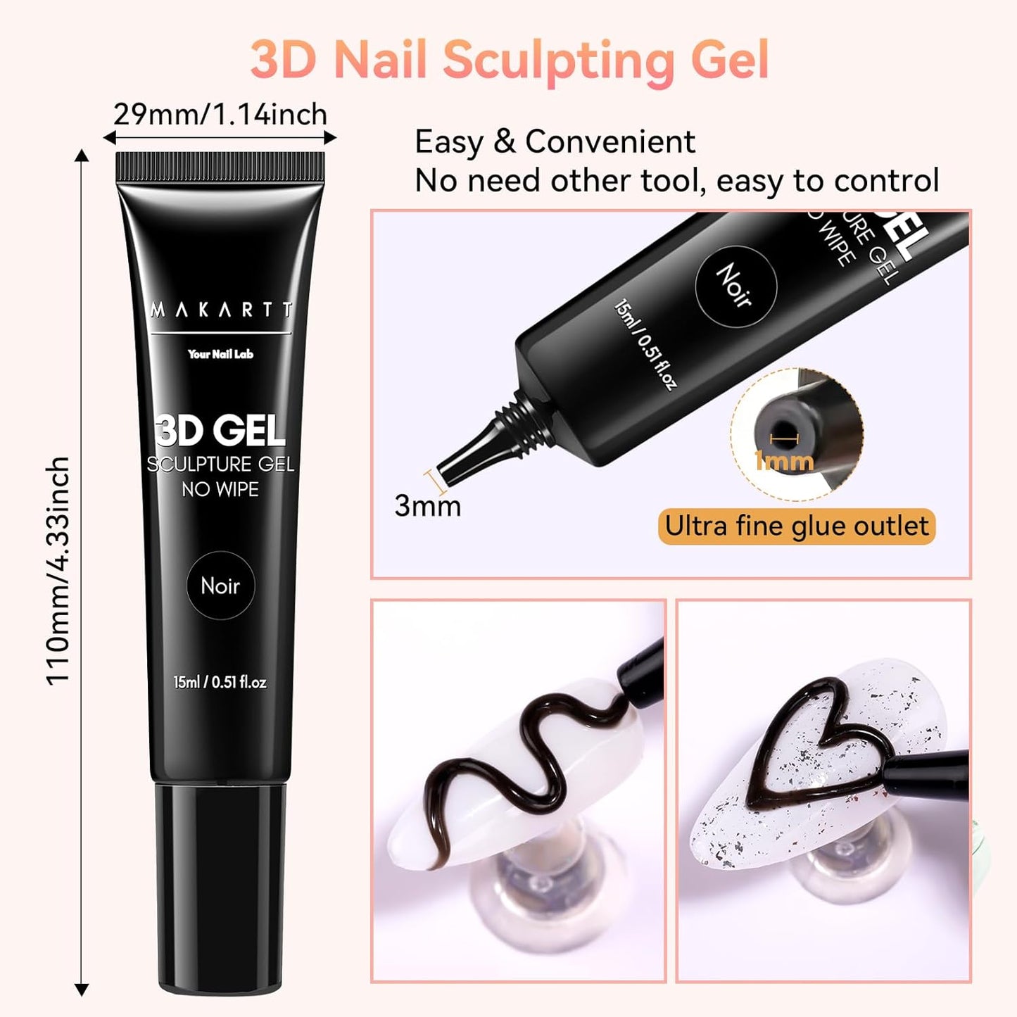Makartt 3D Gel Nail Art: 15g Sculpting Gel Nail Art Glue for Craving Black Candy Molding Gel No Wipe Embossed Gel Polish Rhinestone Nails Charm Glue Decoration Manicure Designs (Noir)