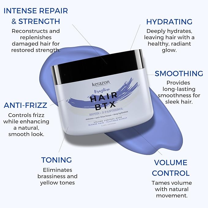 KERAZON Blonde Brazilian Hair BTX Treatment Purple Mask Platinum Effect & Silver Hair Providing Smoothing, Deep Hydration, Anti-Brass, Shine, Softness, Volume & Frizz Control