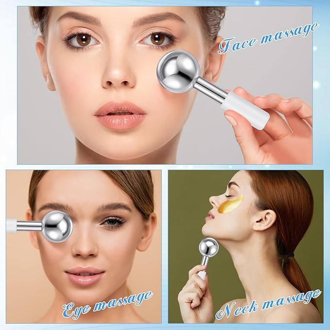 Baderke 2 Pcs Ice Globes for Face Stainless Steel Cooling Globes Unbreakable Cooling Roller Women Ice Balls Cryo Sticks Face Skin Care for Dark Circles, Puffiness(Silver (white Handle))