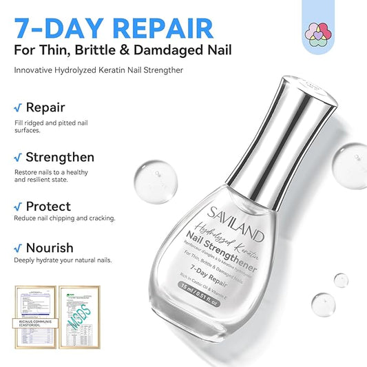 SAVILAND Advanced Nail Strengthener: Clear Air Dry Nail Growth for Damaged Nails Nail Polish Strengthening Repair Weak & Thin Nails Treatment with Castor Oil & Vitamin E 15ml Women Gift