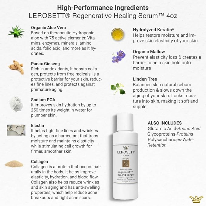 LEROSETT Serum for Acne Scarring Healing, Pimples, Redness, Breakouts, Blemishes, Hydrate & Soothes Irritated Skin, Natural Serum. Spa-Grade, Plant Based, Concentrated - 4 oz