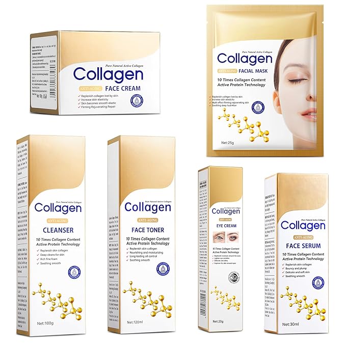 Collagen Skin Care Set, Anti Aging Skincare Set for Wrinkles & Fine Lines, Shrink Pores, Hydrate & Firm Skin, 7 Pcs Skincare Kits for Women with Cleanser, Toner, Serum, Cream, Eye Cream, 2 Pcs Masks.