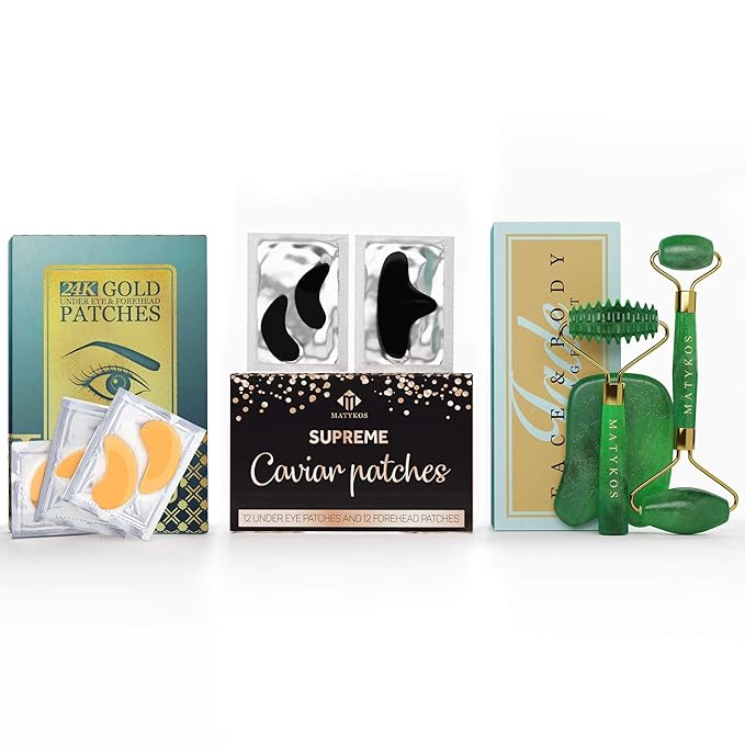 Complete Skincare Routine - Under Eye and Forehead 24K Gold Patches, 3 in 1 Jade Kit and Under Eye and Forehead Caviar Patches