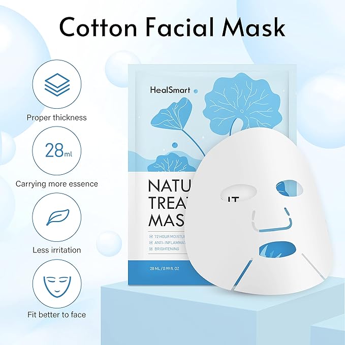 HealSmart 10 Pack Facial Mask 72 Hour Moisturizing and Soothing Face Mask Sheet Improve Skin Clarity and Radiance, for All Skin Types, High Capacity, Made in Korea