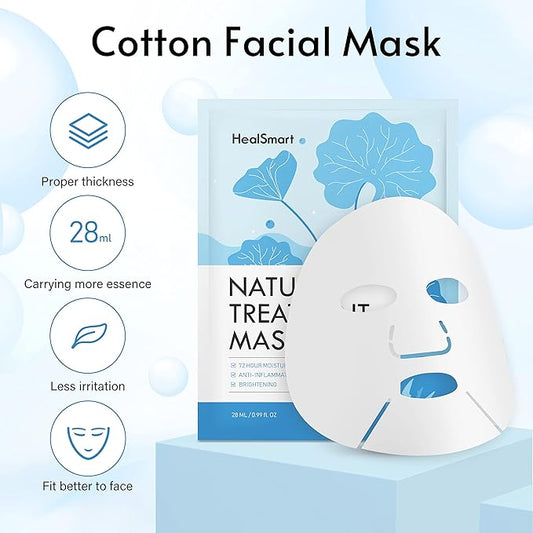 HealSmart 10 Pack Facial Mask 72 Hour Moisturizing and Soothing Face Mask Sheet Improve Skin Clarity and Radiance, for All Skin Types, High Capacity, Made in Korea