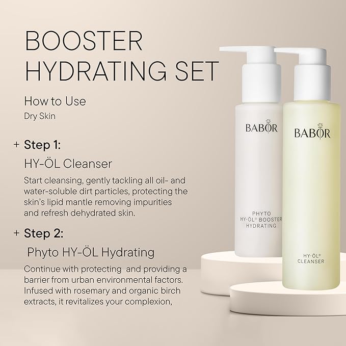 BABOR HY-OL Cleanser & Phyto HY-OL Booster Hydrating Set, Double Cleansing, Oil Cleanser and Makeup Remover Oil for Dull, Dry Skin