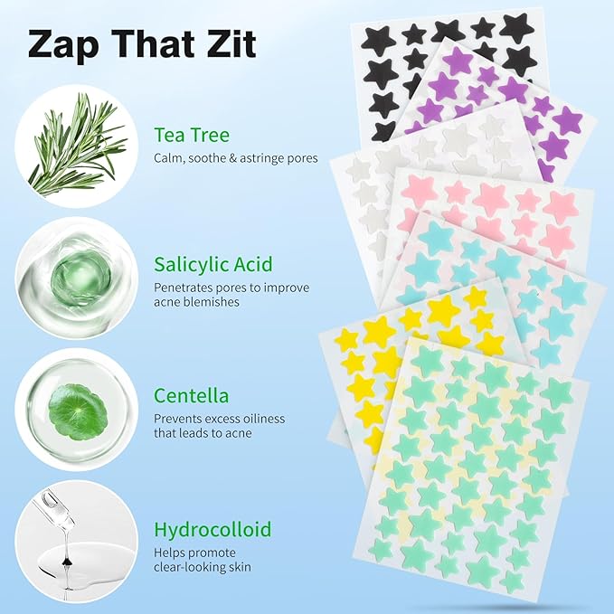 Pimple Patches for Face, Colorful Hydrocolloid Acne Patches, Cute Star Zit Covers for Face, Spot Stickers with Tea Tree, Salicylic Acid & Cica Oil| 4 Sizes (8mm, 10mm, 12mm & 14mm) |357 Count