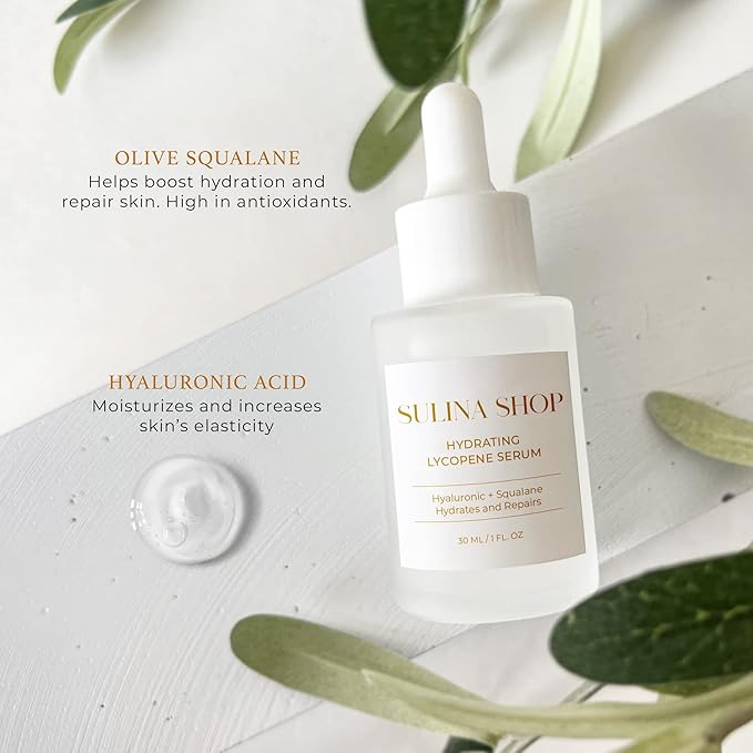 Hydrating Lycopene Tomato and Hyaluronic Acid Serum for Face and Neck, Olive Squalane and Moringa Skincare for Smooth Skin, Lightweight and Non-Greasy Formula for All Skin Types