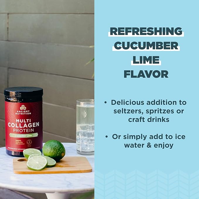 Ancient Nutrition Collagen Powder Protein, Multi Collagen Protein, Cucumber Lime, Hydrolyzed Collagen Peptides Supports Skin and Nails, Joint Supplement, 18.6oz