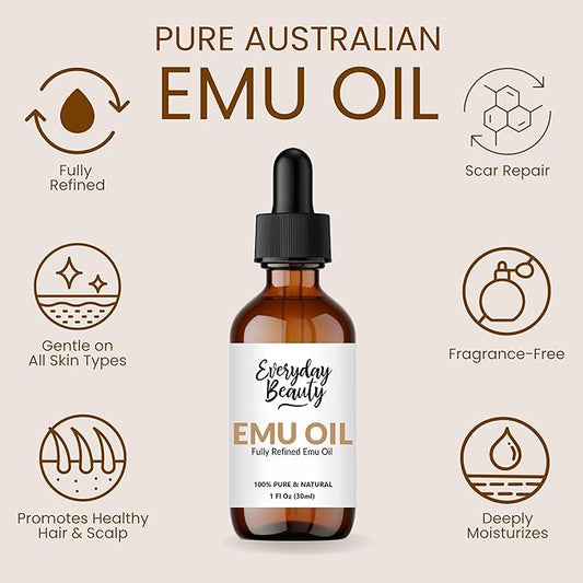 Pure Australian Emu Oil - All Natural 6X Refined for Face, Skin and Hair - Highly Effective Hydration for Sensitive Skin & Hair Growth Perfect for Scars & Blemishes - 1 Fl Oz Glass Bottle & Dropper