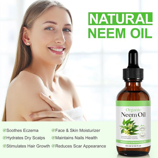 Neem Oil for Skin, Pure Natural Cold Pressing, Free of Hexane, Nourishes the Skin and Hair, Reduces Fine Lines, 2.02 Oz