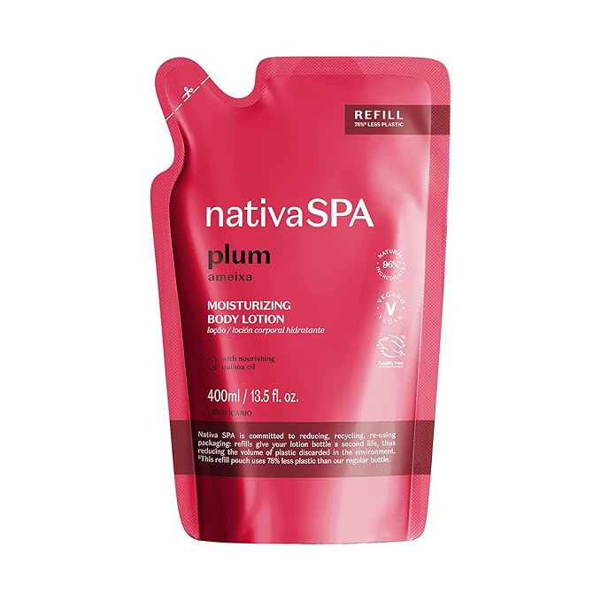 Nativa SPA by O Boticário, Plum Moisturizing Body Lotion Refill Pack, Fragranced Moisturizer Enriched with Purified Quinoa Drops to Boost Hydration, 13.5 Ounce