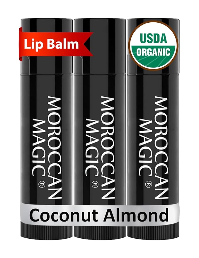 Moroccan Magic Organic Coconut Almond Lip Balm 3 Pack | Chapsticks for Dry Lips | Natural Argan & Essential Oils Lip Moisturizer + Vitamin E | Smooth, Hydrating, Non-Toxic | Organic Lip Balm Set
