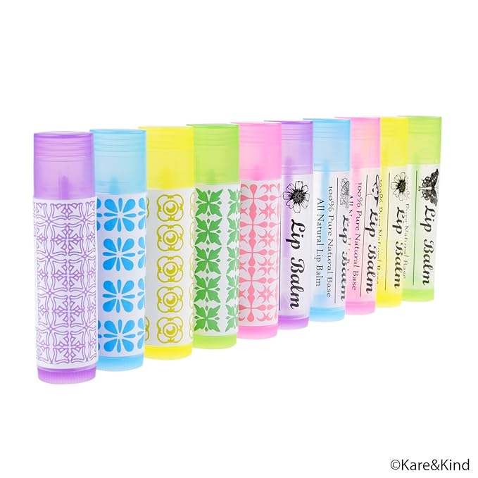 Kare & Kind DIY Lip Balm Container Tubes - 50-Pack (10x5 Colors) - Including 50 Writeable & Printed Lip Balm Stickers - Twist Mechanism and a Cap - 3/16 Oz (5.5 ml) - Moisturizing