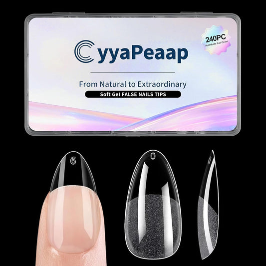 Almond Nail Tips Soft Gel Nail Tips 240Pcs Pre-Shaped Medium Pointed Almond Nails Half Matte Full Cover Acrylic Clear Press on Fake Nails Tips for Extension Nail Art DIY Manicure Salon 12 Sizes