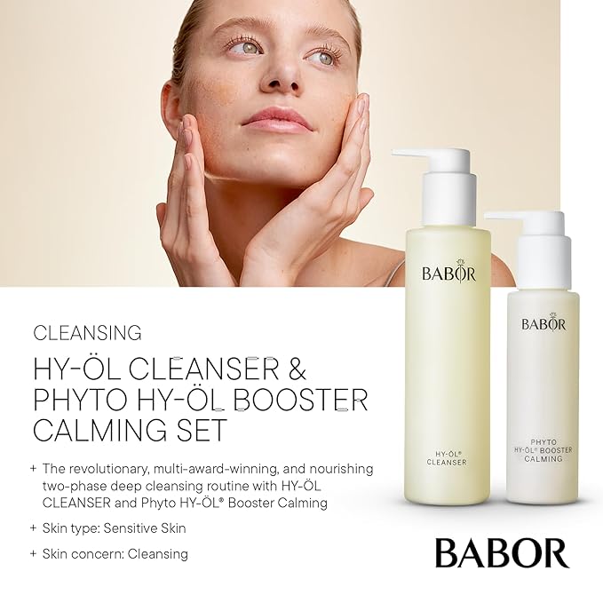 BABOR HY-OL Cleanser & Phyto HY-OL Booster Calming Set, Double Cleansing, Oil Cleanser and Makeup Remover Oil, Soothe & Support Skin Barrier, Sensitive Skin