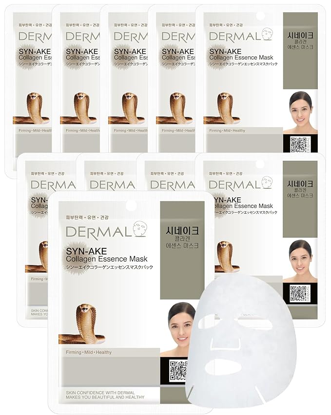 DERMAL Syn-Ake Collagen Essence Facial Mask Sheet 23g Pack of 10 - Peptide Contained, Anti Aging & Anti Wrinkle, Daily Skin Treatment Solution Sheet Mask
