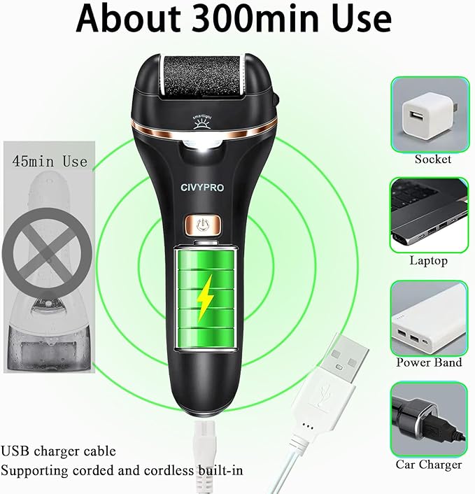 Electric Foot Callus Remover- Long Service Time, Rechargeable Electronic Foot File- Ideal Gift, Professional Pedicure Tools, Waterproof Foot Scrubber, Pedicure Kit Feet Care for Dead Skin (Black)