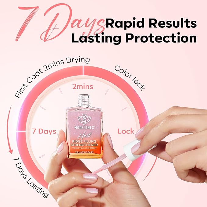 modelones Nail Strengthener, Ridge Filler for Nails, Clear Nail Polish for Thin, Weak & Damaged Nails, Nail Hardener for Nail Protection, Pink Glow, 15ml