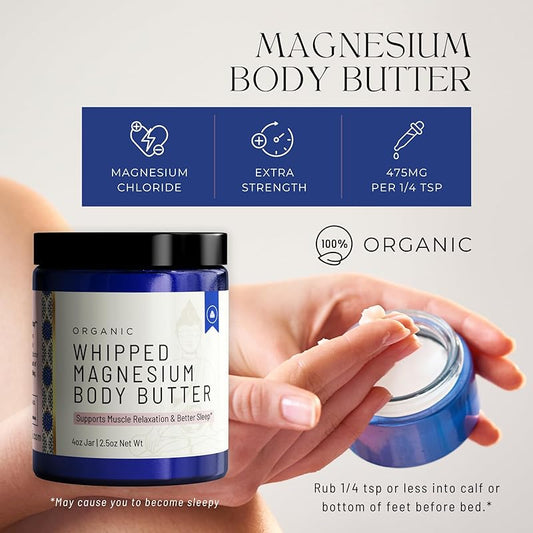 Organic Magnesium Whipped Body Butter, 4 oz Jar, Extra Strength Magnesium Chloride from Ancient Zechstein Seabed, Supports Muscle Relaxation & Better Sleep