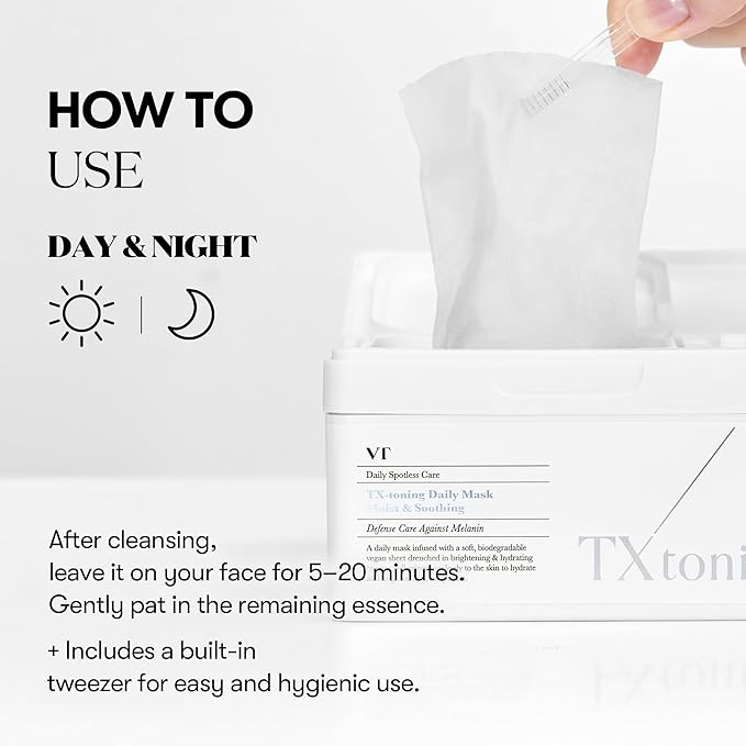 VT COSMETICS TX Toning Daily Mask 30 Sheets, Tranexamic Acid, Niacinamide, Glutathione for Acne Scars, Dark Spots, Hydrating & Glowing Facial Mask, Fragrance-Free, Korean Face Mask