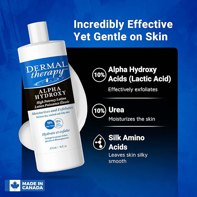 Dermal Therapy Alpha Hydroxy Lotion - High Potency AHA Exfoliating Moisturizer for Dry, Scaly Skin - 10% Lactic Acid & 10% Urea Lotion - Remove Skin Flakes - Fragrance-Free - 16 fl oz / 474 ml