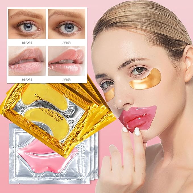 32 Pairs Lip Masks with Eye Mask, 24K Collagen Under Eye Patches for Dark Circles and Puffy Eyes, Reduce Lip Wrinkles, Anti Chapped & Remove Lip Dead Skin, Nourishes the Lip & Eye Skin (32)