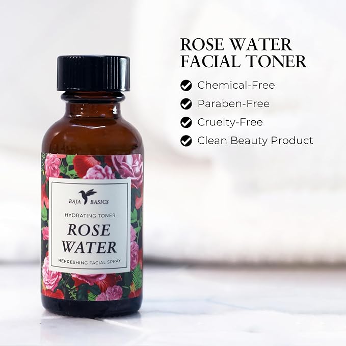 Rose Water Spray Facial Toner by Baja Basics for Skin, Hair and Aromatherapy Large 4oz