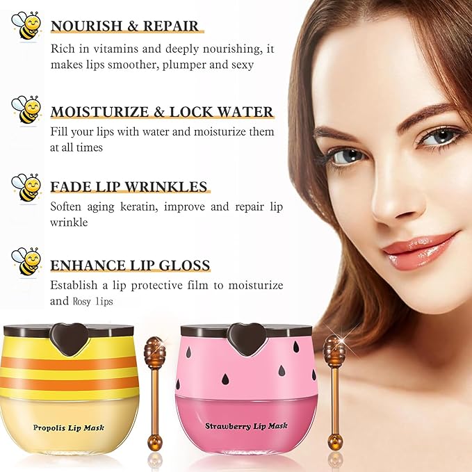 Bee Lip Balm Honey Pot, 4pcs Propolis Lip Mask Overnight Moisturizing Fruity Lip Balm with Stick, Hydrating Prevention Dry and Cracked Lip Scrubs Exfoliator Lip Care, Sleeping Lip Mask Hydrating(B#)