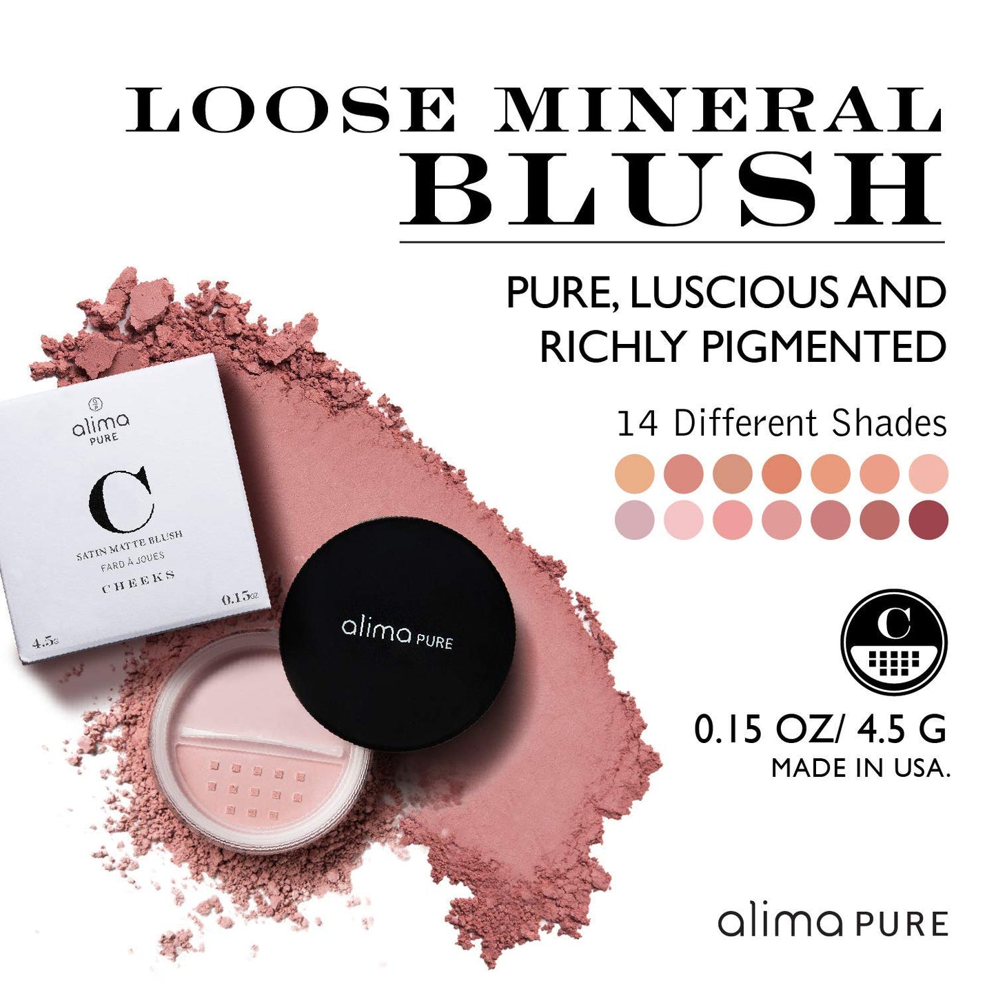 Alima Pure Loose Mineral Blush - Powder Makeup for Cheeks, Satin Matte Finish, Pink Blush, Talc Free, Vegan .15 oz/ 4.5 g