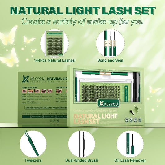 Natural Lash Clusters Kit 144Pcs DIY Lash Extension Kit Wispy Eyelash Extensions Kit D Curl 8-18MIX with Bond and Seal and tweezers with Thin Lash Band by KEYYOU（KIT-N02-D-8-18MIX）