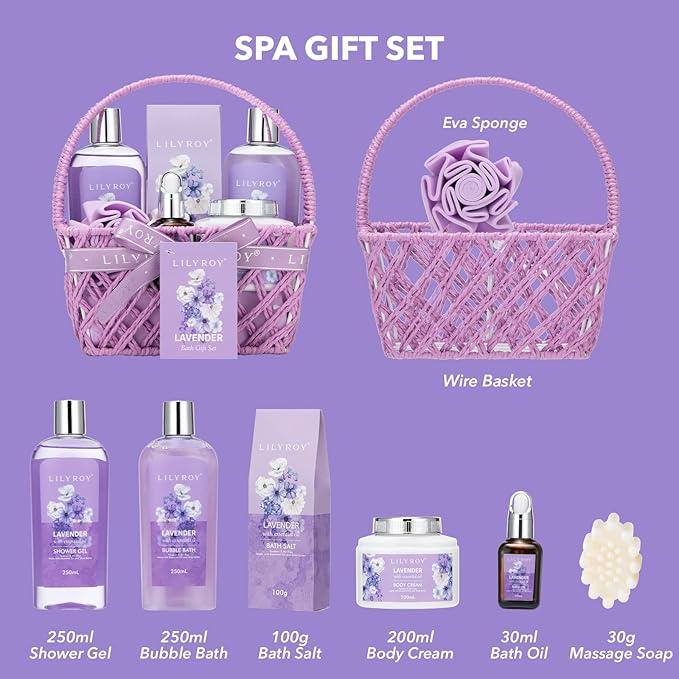 Mothers Day Gifts for Mom - 8 Pcs Lavender Bath & Body Gift Set for Women, Spa Gift Basket with Bath Bomb | Christmas, Birthday Gifts, Self Care & Pampering Gifts for Her, All Occasion Holiday Present